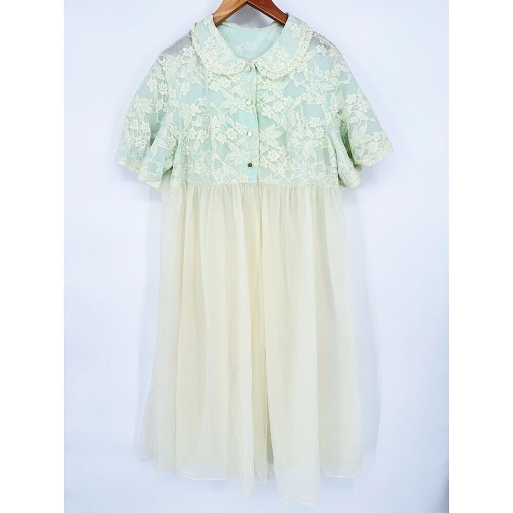 Vtg Gotham Ivory Green Lace Chiffon‎ Peignoir Lingerie Robe Small Bed Jacket